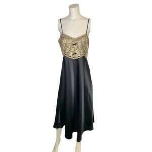 90s L.A. Intimates Black Gold Lace VTG Satin Slip Dress Large NWT Nightgown Gown